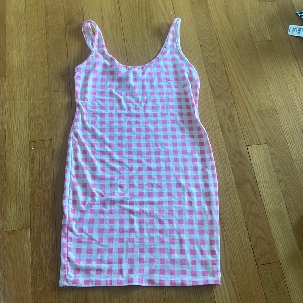 Pink and white checkered form fitting mini dress